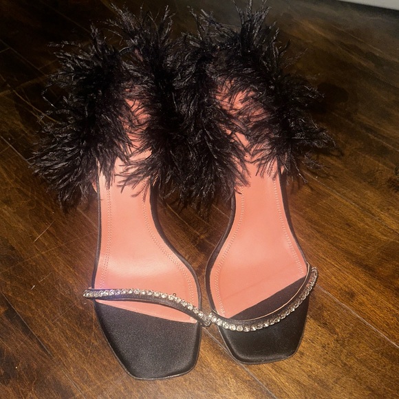 Amina Muaddi Black Crystal Embellished Satin and Feather Adwoa Slingback - Picture 3 of 5